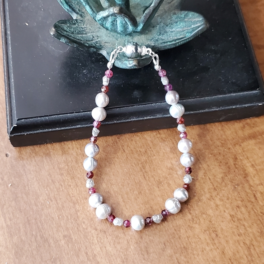 Raw Diamond, Red Sapphire, and Pearl Sterling Bracelet